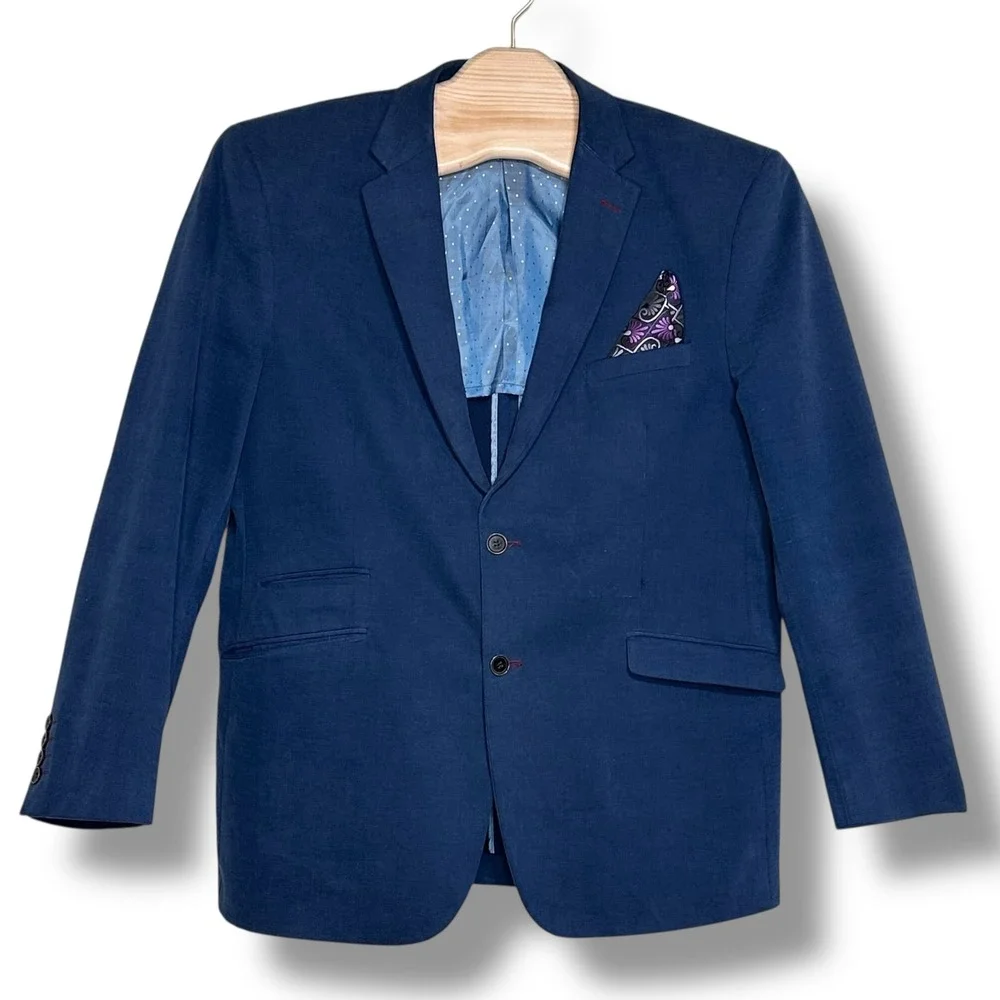 Inserch Mens XL Italy Denim Blue Blazer Jacket Cotton Brown Elbow Patches Preppy